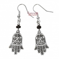 Silver Earrings - Hand Of Fatima with black beads
