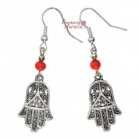 Silver Earrings - Hand Of Fatima with red beads