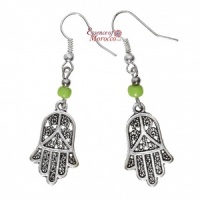 Silver Earrings - Hand Of Fatima with green beads