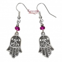 Silver Earrings - Hand Of Fatima with purple beads