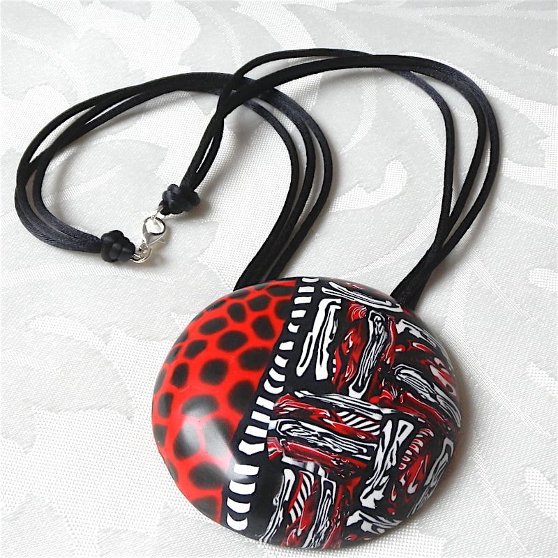 Large Red Pendant Necklace, Red and Black Polymer Clay Round Pendant