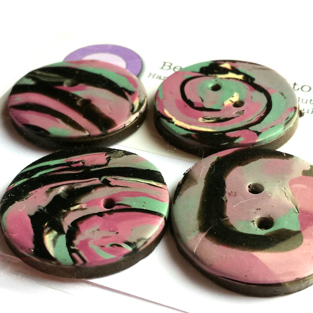 Lilac, blue and Black Buttons, Patterned Handmade Buttons