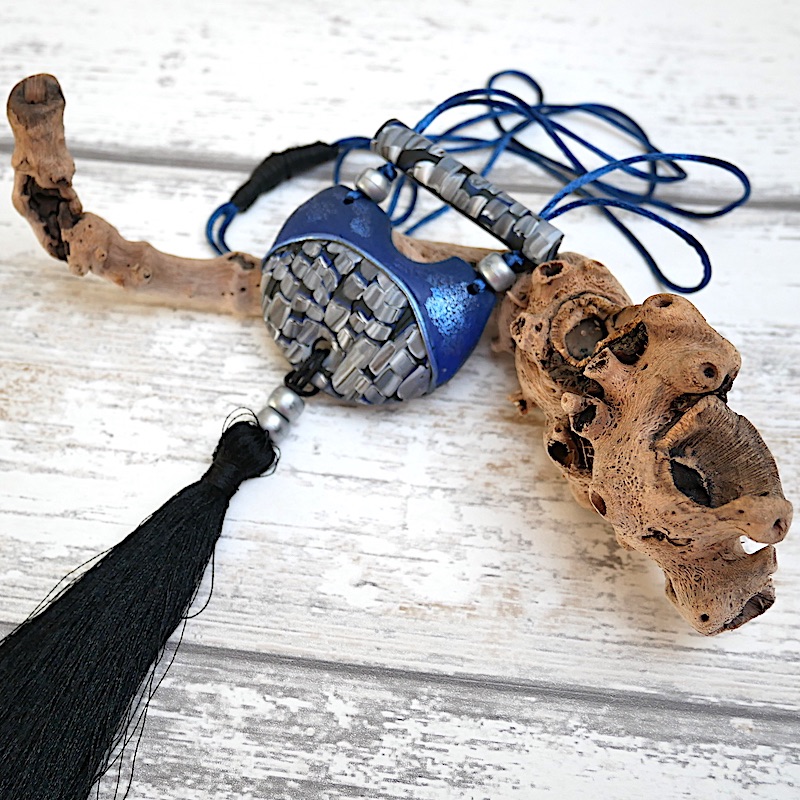 Blue and Black, Long Pendant Necklace, Boho Tassel Necklace