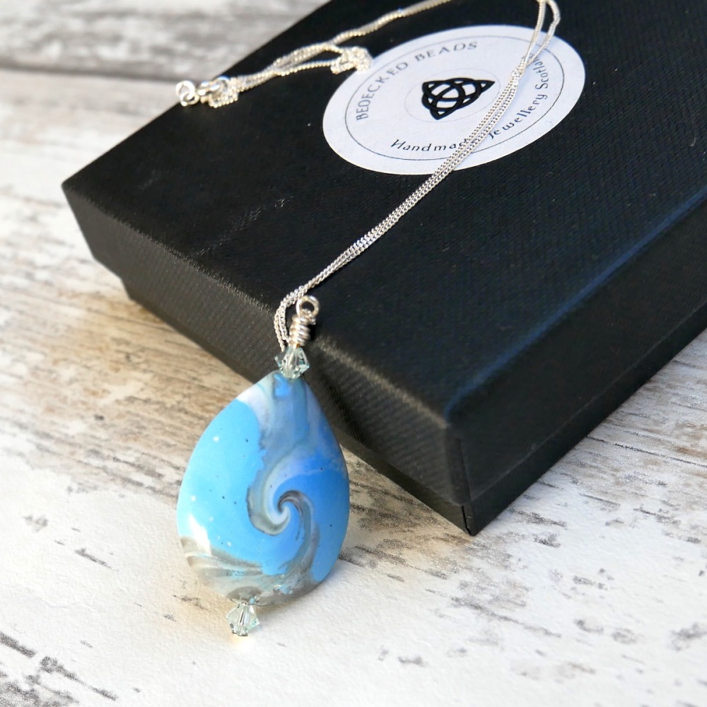 Silver Necklace, Crystal and  Blue Pendant