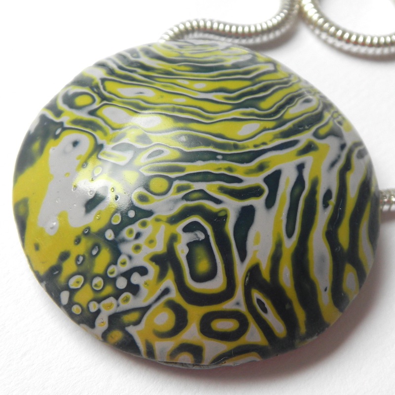 Round Blue Green and Grey Pendant, Polymer Clay Necklace