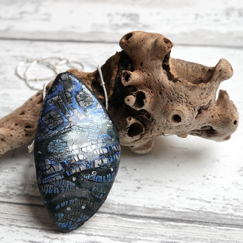 Blue and Silver, Crackle Pendant