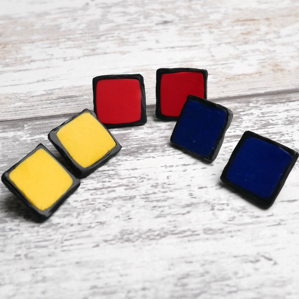 Square Earrings, Red, Blue, Yellow Modern Jewellery