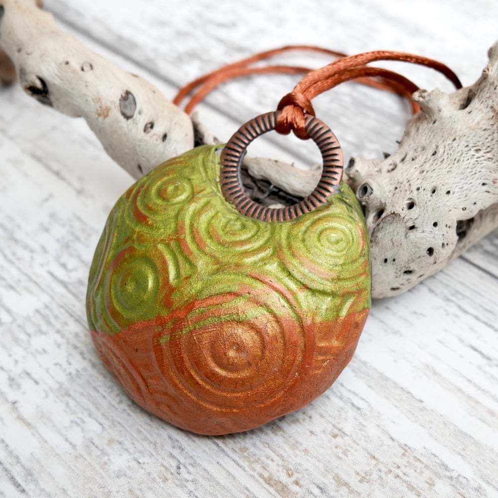 Green and Copper, Round, Hollow Pendant Necklace