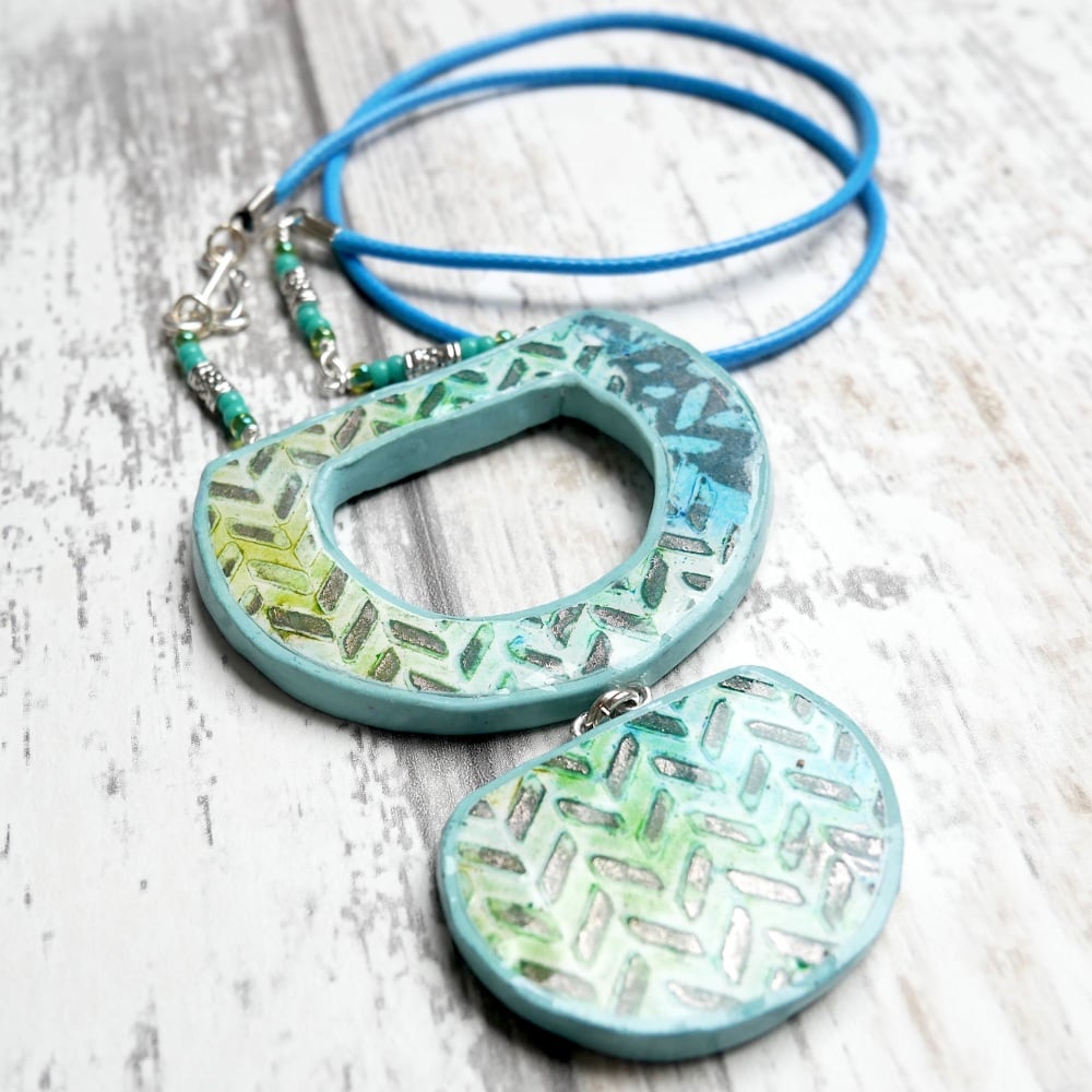 Long Pendant, Green and Blue Reversible Necklace