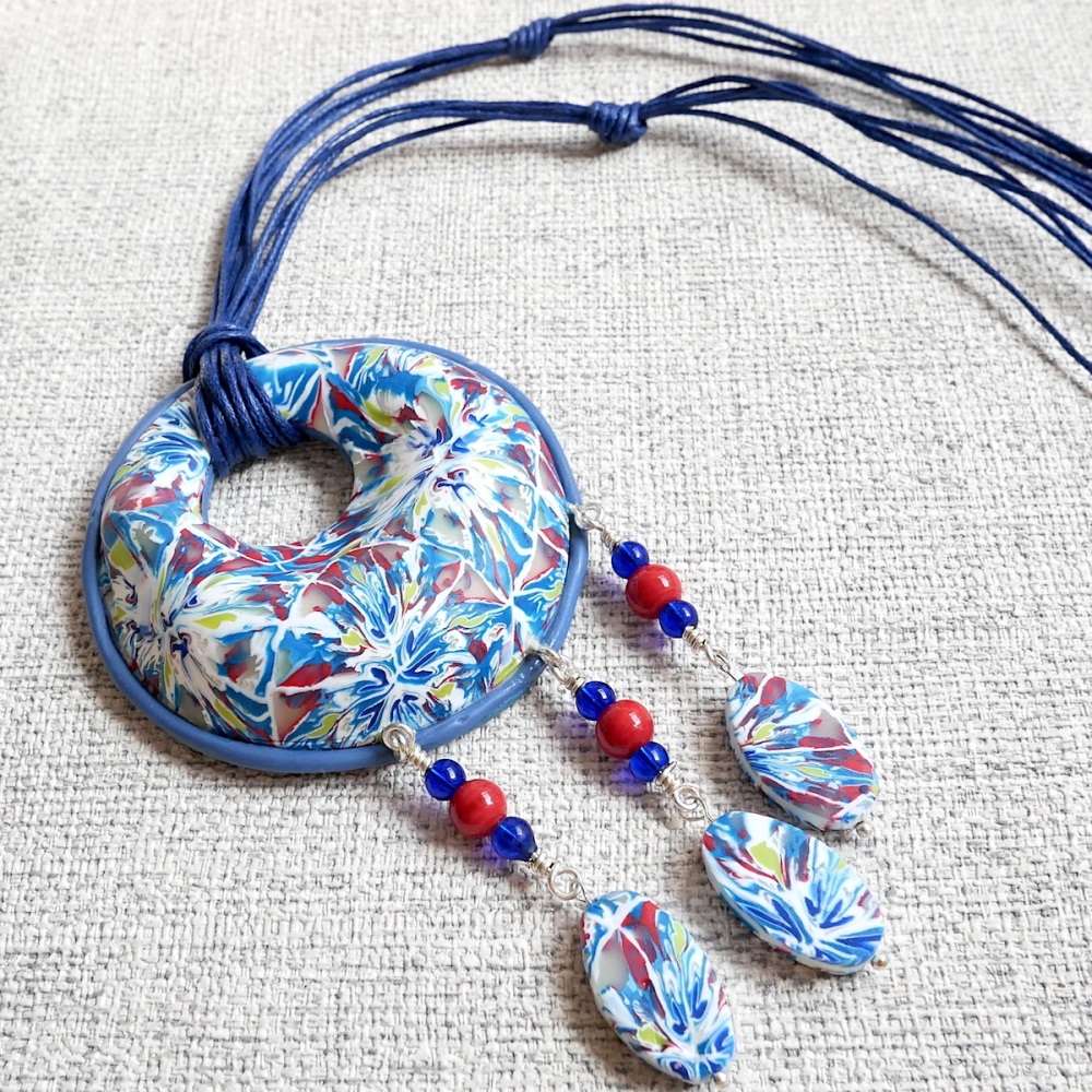Long Pendant Necklace, Blue and Red Boho Necklace
