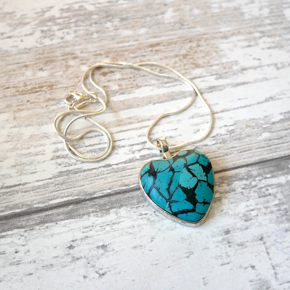 Faux Turquoise Heart Necklace, Blue Heart Pendant