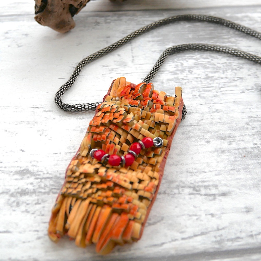 Boho Fringed Necklace, Polymer Clay Pendant with Magnetic Necklace
