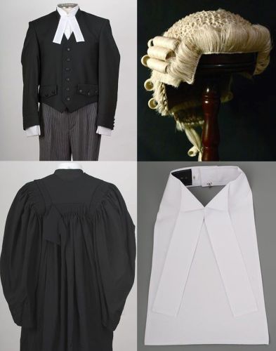 Barrister wig; gown and collar/cravat deluxe set with horsehair