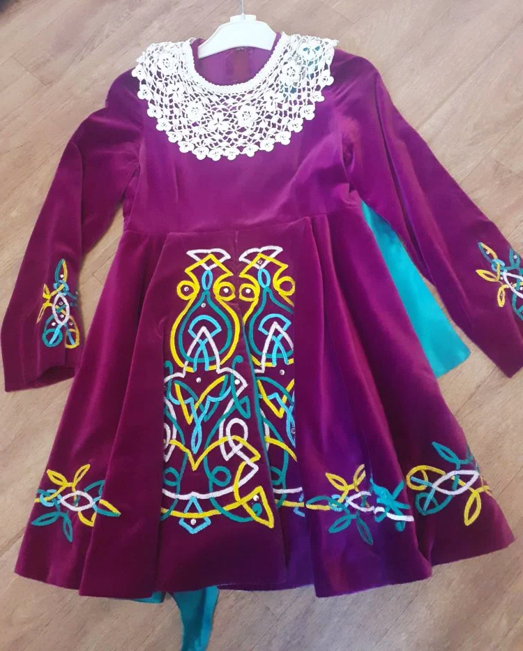 award winning Irish dance dress in mid purple , jade and gold award winning Irish dance dress in mid purple , jade and gold