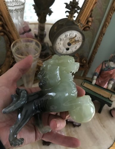  Rare Chinese Natural Hetian Jade Nephrite Carved Lion with ball Statue