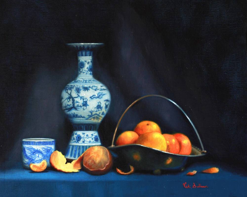 Mandarins with Blue and white vase Oil on belgian linen size h 40cm x w 50