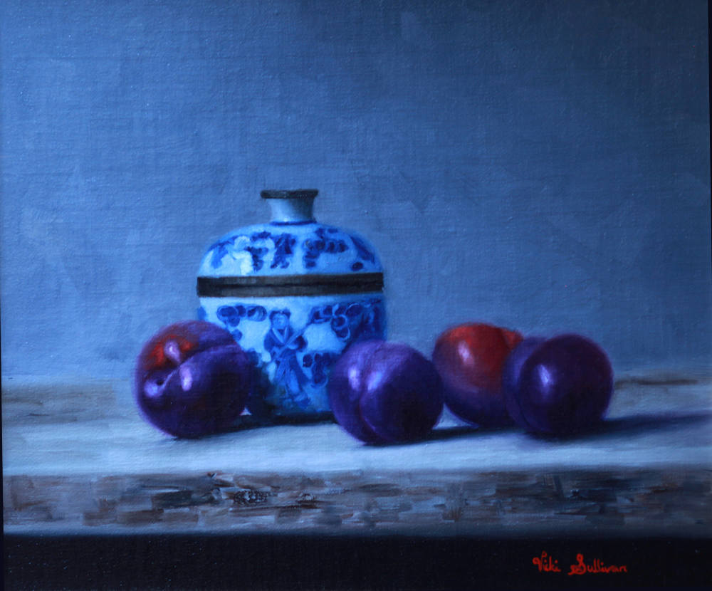 Blue Plums and Chinese lidded Bowl