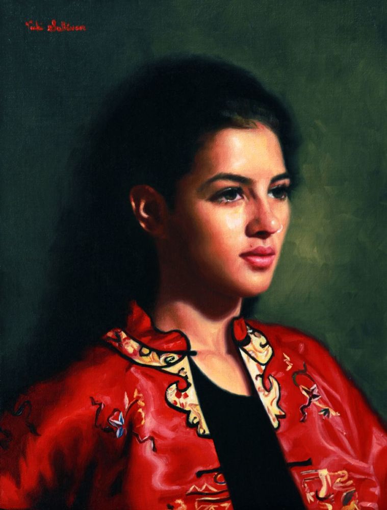 Girl in a red robe _oil on linen__h 40cm x w 30cm_Vicki Sullivan