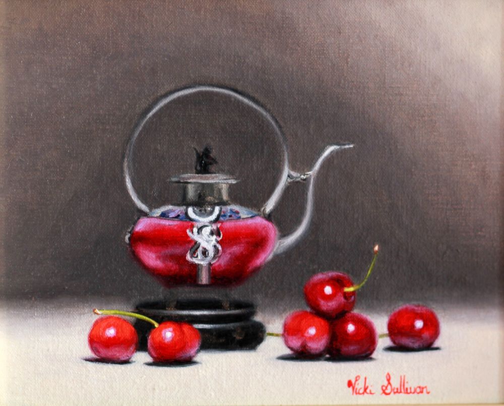 Red Chinese teapot with cherries_oil on linen_H 20cm x w 24cm