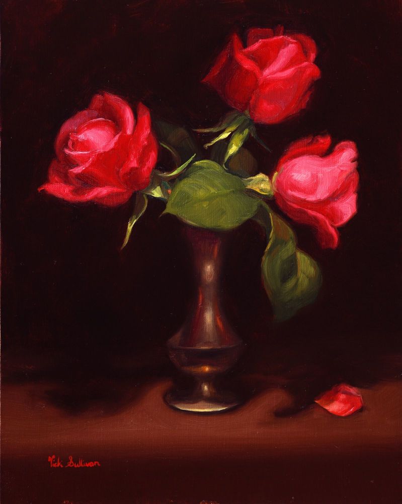 Three red roses_oil on linen_H 35cm x w 28cm_2020