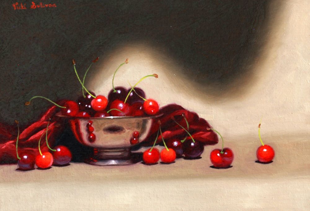Silver bowl with Cherries_oil on linen_H 24cm x W 34cm by Vicki Sullivan_