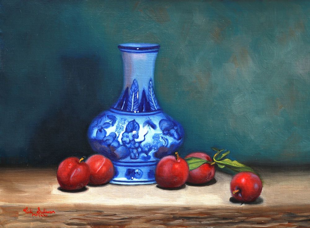 Summer plums with Blue and white vase_oil on linen_H 29cm x W 40cm_2021