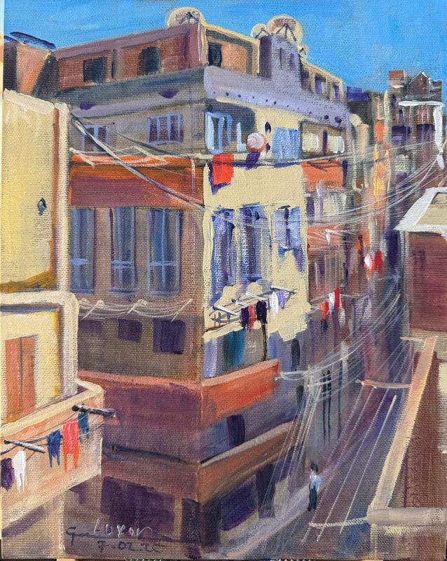 el2502-018-luxor-street-from-balcony-30x24cm-acrylic-on-canvas-by-artist-ge