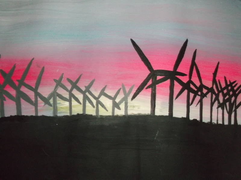 windfarm at sunsetSize 17 x 23Medium acrylic on canvas