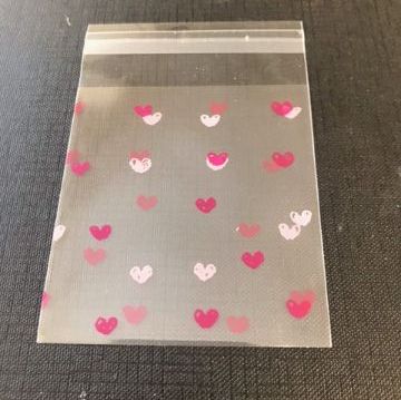 Cellophane Patterned Bag - Self Seal - Small Cerise & Pale Pink Closed Hearts- 6.75mmx95mm