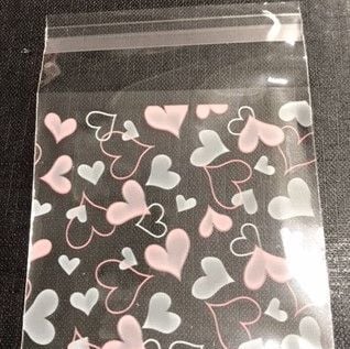 Cellophane Patterned Bag - Self Seal - Pale Pink & White Open Heart- 70mm x