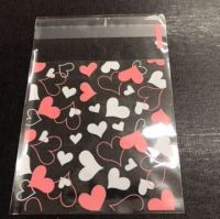 Cellophane Patterned Bag - Self Seal - Deep Pink & White Open Heart- 70mm x 100mm