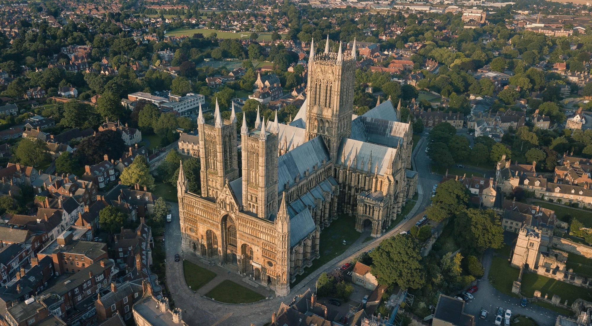 Lincoln city cobbled street and cathedral