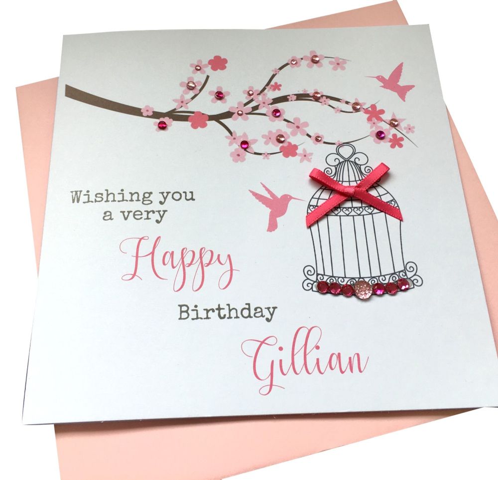Birdcage and blossom Birthday Card