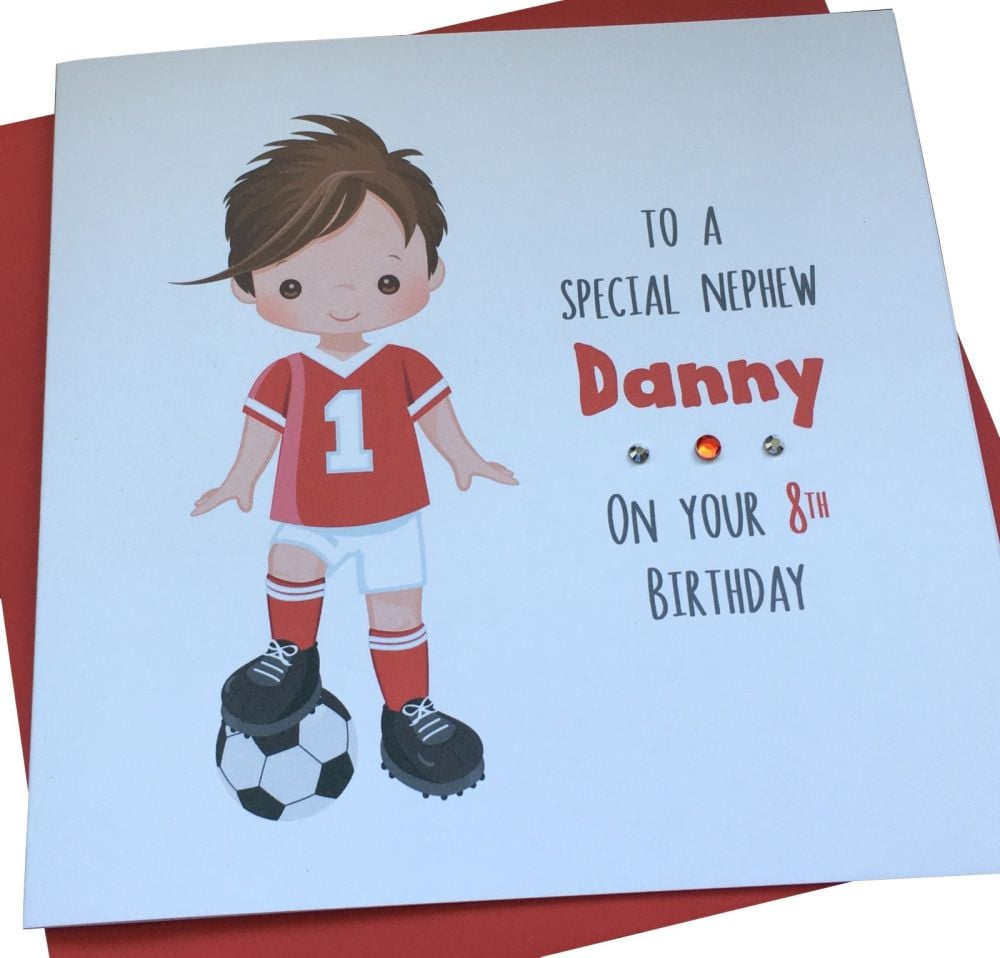 Footballer Birthday Card (red kit / brown hair)