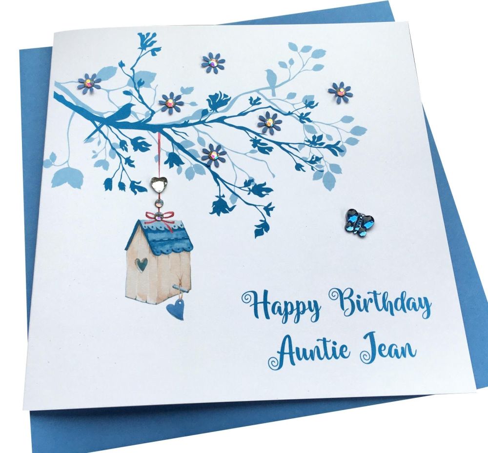 Blue Bird House and blossom Tree Card- any occasion