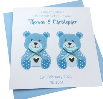 New Baby Boy Twins Teddy Card 