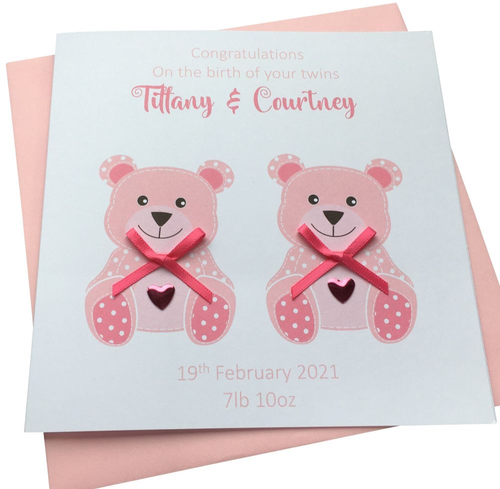 New Baby Girl Twins Teddy Card 
