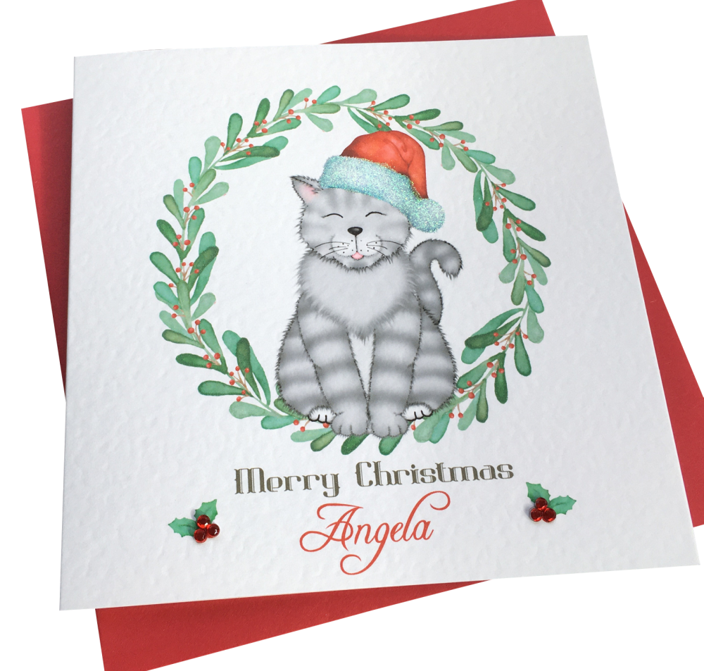  Christmas Silver Tabby Cat Card 