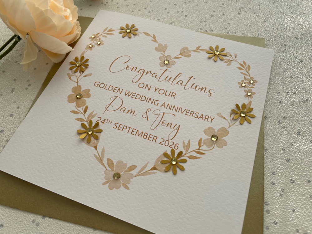 Golden 50th Heart Wedding Anniversary Card