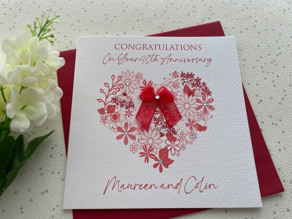 Ruby 40th Floral Heart Wedding Anniversary Card