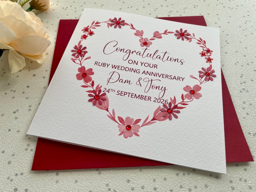 Ruby 40th Floral Heart Wedding Anniversary Card