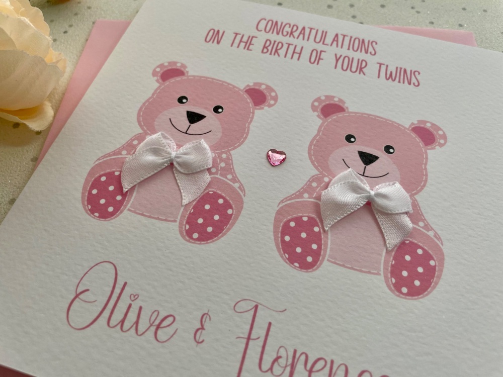 New Baby Girl Twins Teddy Card