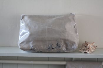 Hand Printed Irish Linen Wash Bag, Bicycle Design