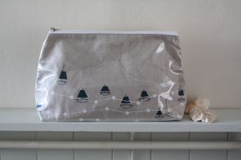 Hand Printed Irish Linen Wash Bag, Boat Design