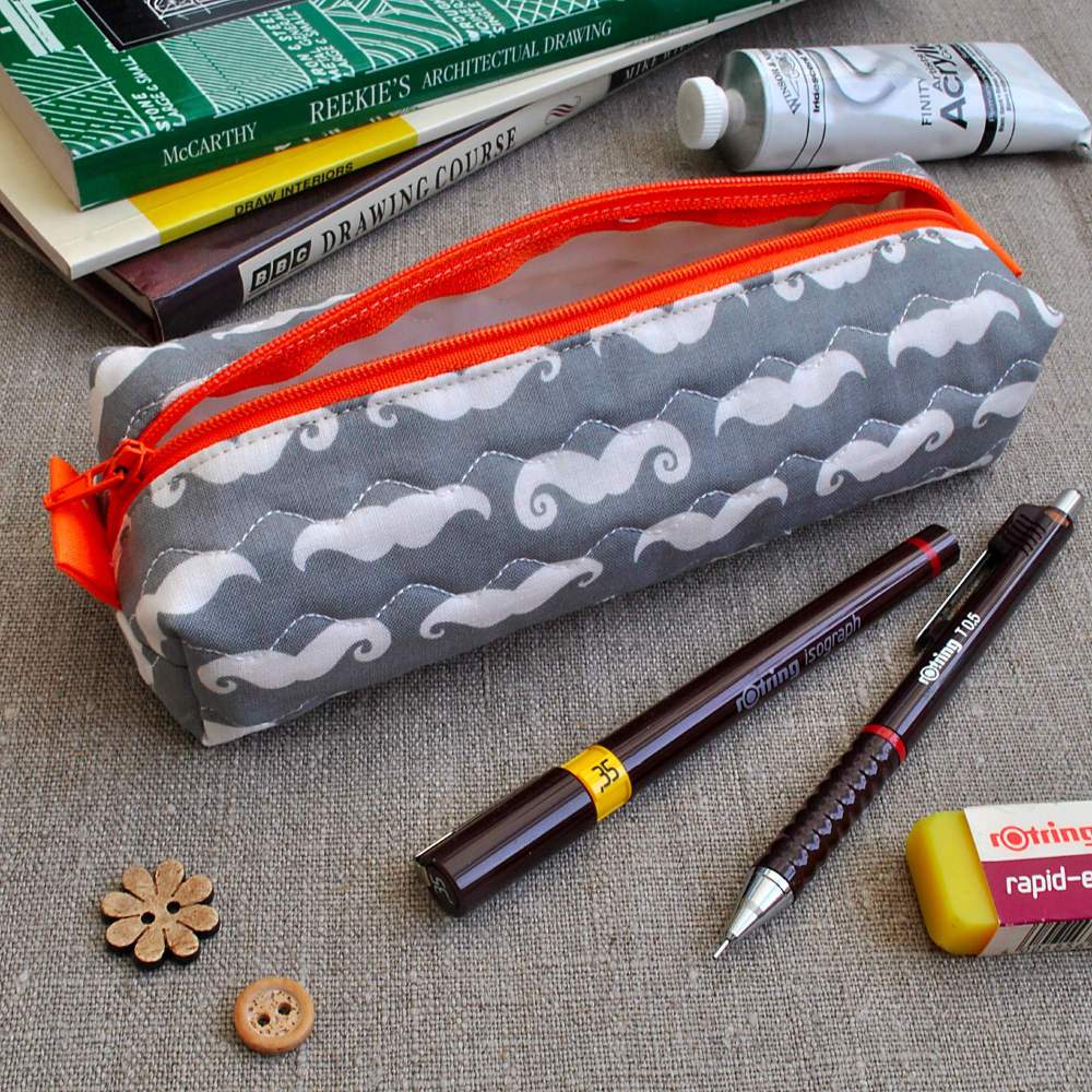 Box Pencil Case in Grey Moustaches