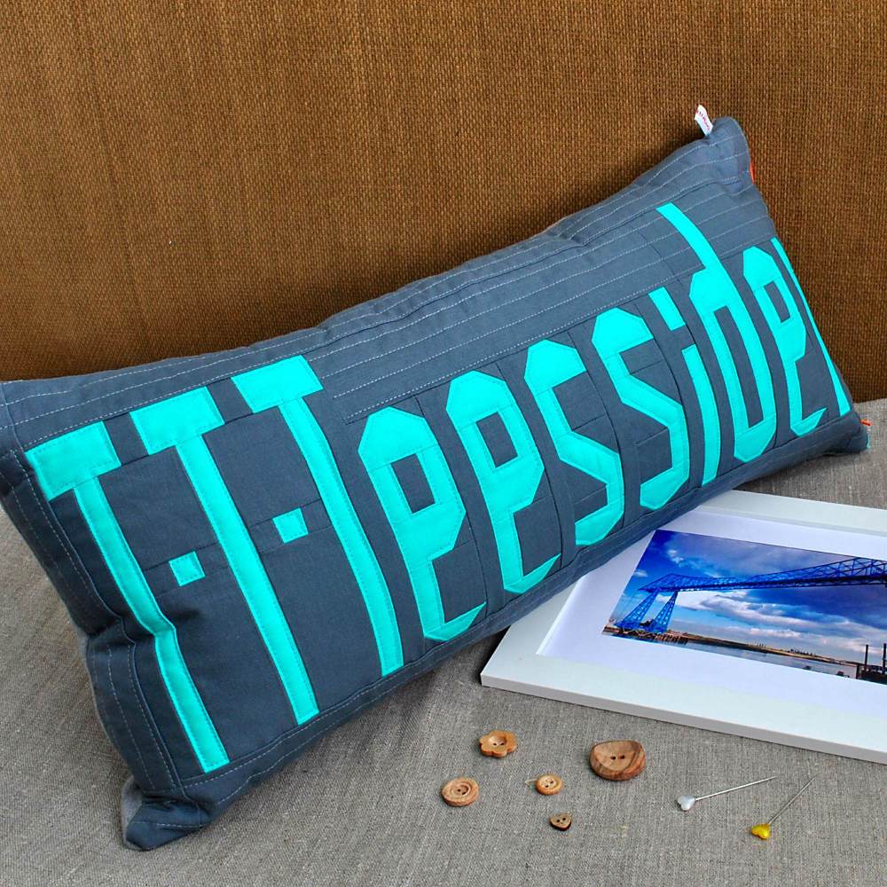 Teesside Collection: T-T-Teessider Cushion - Blue on Grey
