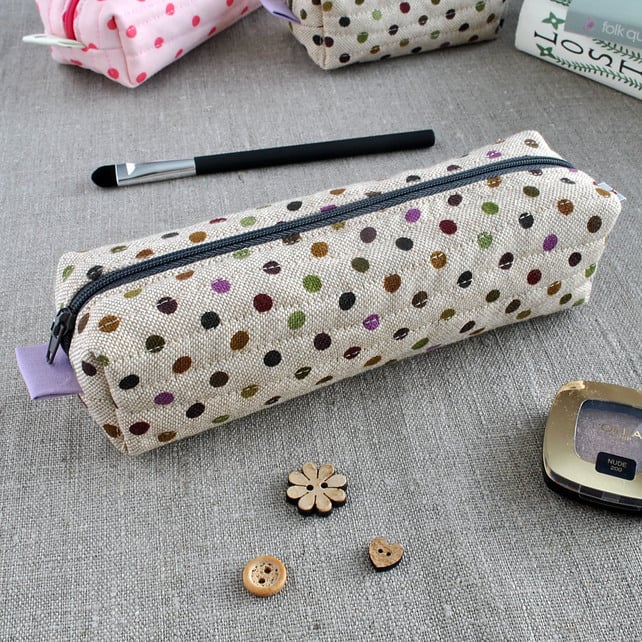 Polka Dot Long Box Pouch in Purples - Make-Up Case, Pencil Case