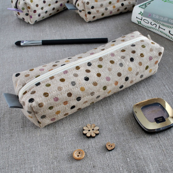 Polka Dot Make-Up Case in Browns on Linen - Cosmetics Case, Pencil Case