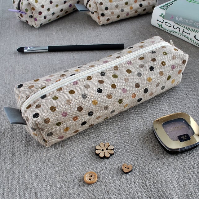 Polka Dot Long Box Pouch in Browns on Linen - Make-Up Case, Pencil Case