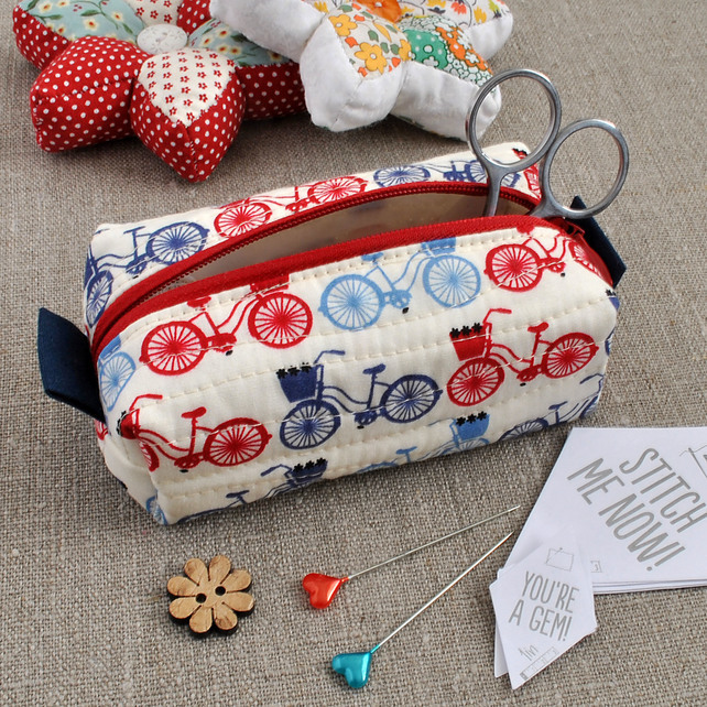 Small Box Pouch in Red & Blue Bicycles - Make-Up Pouch, Sewing Kit